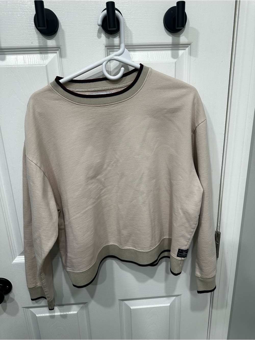 Vintage 90s ENUF Women’s Beige Crewneck Sweatshirt with Contrast Trim